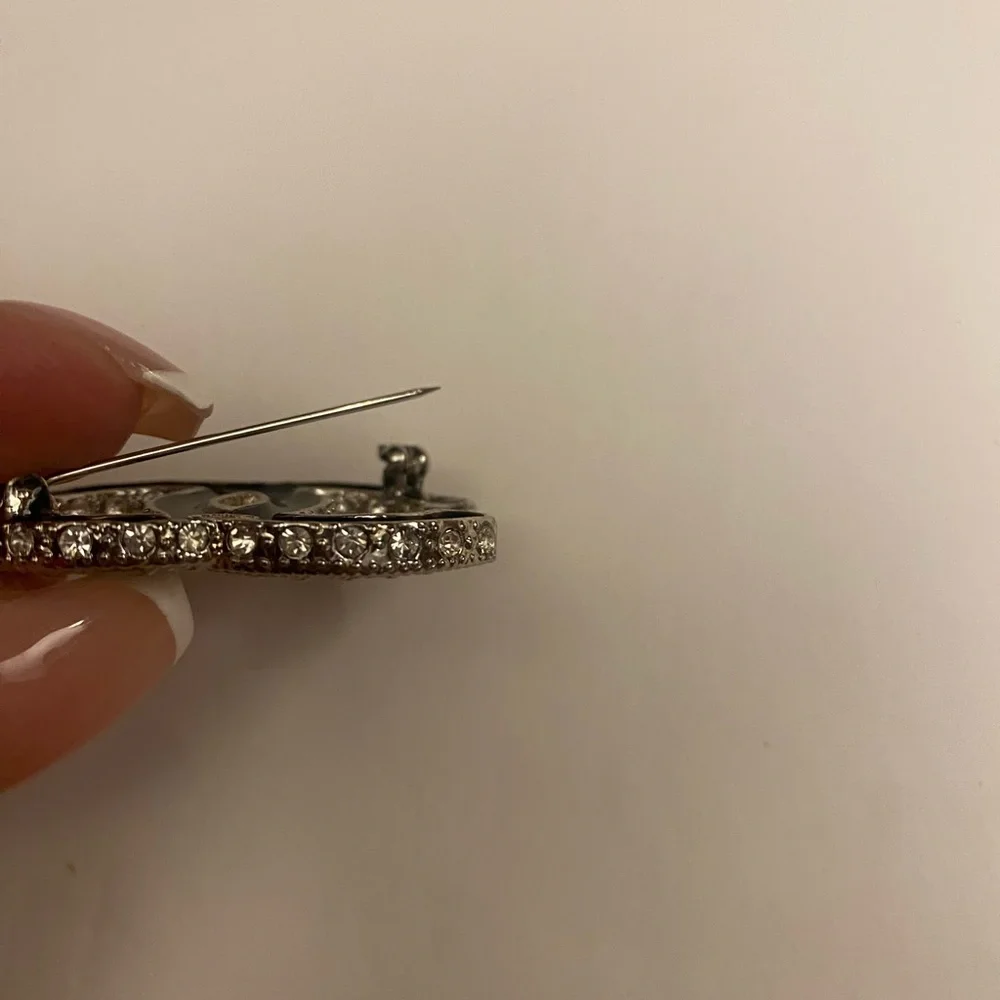 CHANEL Classic Textured Crystal Interlocking CC Logo Brooch Pin